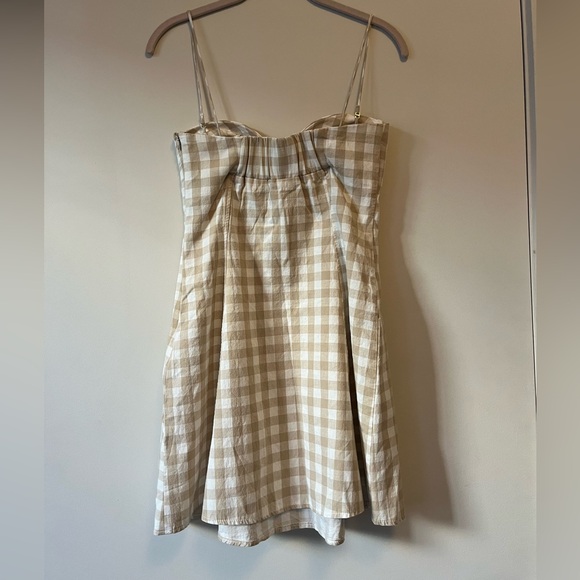 Zara Gingham Checked Linen Bustier Sweetheart Mini Dress Tan White S - Picture 11 of 12